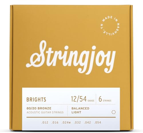 Stringjoy BB1254 Ljusa 80/20 brons ljus akustiska gitarrsträngar, 12-54 ljusmätare, gitarrsträngar akustisk 6-strängs set, långvarig ton, smidig spelbarhet, premium gitarrtillbehör