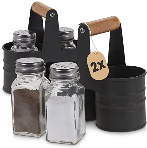 Oramics 2er Set Pfeffer- und Salzstreuer inklusive Halter mit Tragegriff, Ideal für Haushalt und Gastronomie, Set besteht aus 2 Pfefferstreuer, 2 Salzstreuer und 2 Halterungen mit Griff