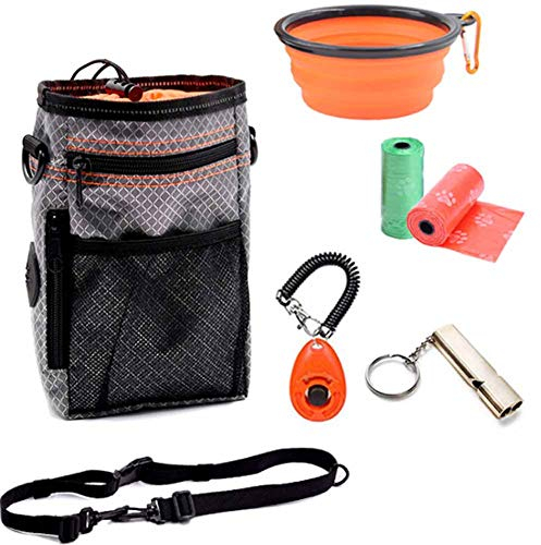 PJDDP Futterbeutel Für Hunde,Trainingsbeutel,Leckerlie Beutel Mit Kotbeutel Spender, Verfügbares Tasche Schultergurt,Faltbarer Trinknapf,Kostenlose 2 Rollen Poop Tasche,Klicker,A