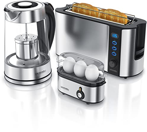 Arendo - Wasserkocher mit Toaster SET, Edelstahl Glas Wasserkocher mit Teesieb + Temperatureinstellung 1,7 L - Edelstahl 2 Scheiben Toaster Langschlitz Toaster Edelstahl Eierkocher für 1-3 Eier