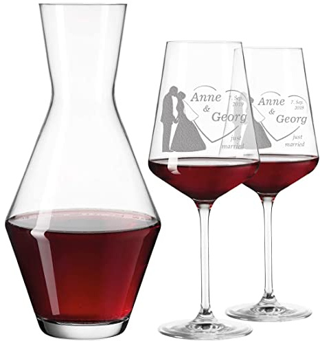 polar-effekt 3er Set Rotweingläser und Weinkaraffe Personalisiert mit Gravur - Glasdekanter Geschenk zur Hochzeit Wein-Glas für Paare zur Hochzeit - Motiv Brautpaar