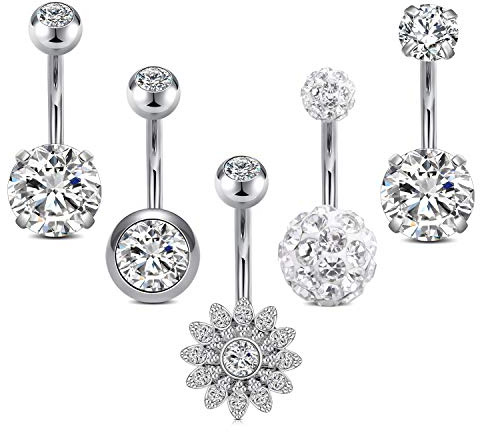 Funseedrr 5pcs Piercing Ombelico in Acciaio Chirurgico Set di Anelli per Ombelico in Cristallo CZ 14G Barbell 10mm Gioielli Penetranti per Il Corpo