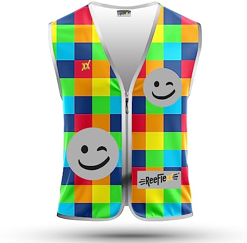 REEFLEXX Warnweste Kinder Sicherheitsweste, erhöhte Sichtbarkeit im Straßenverkehr, Schule, Fahrrad oder Auto, Square Mix Smiley - Größe M