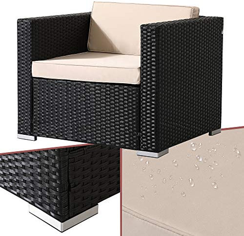 Arebos Poly-Rattan Gartenlounge Sessel | Inkl. Sitz- und Rückenkissen | Schwarz | Wetterbeständiger Garten-Sessel | 85 x 75 x 34 cm