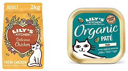 Lily’s Kitchen Trocken Katzenfutter mit Hühnerfleisch und Kräutern für ausgewachsene Katzen, Vollwertnahrung, 2 kg, Verpackung kann variieren & Lily’s Kitchen Nass Katzenfutter mit Bio-Fisch (19x85g)