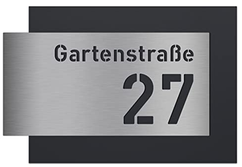 AlbersDesign individuelle Edelstahl-Hausnummer mit Straße - zweiteilig mit 3D-Effekt, Rückplatte pulverbeschichtet in RAL7016, Front in Edelstahl (V2A) gebürstet