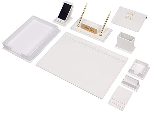 MOOGCO Schreibtisch-Set aus Leder, Schreibtisch-Zubehör, Büro-Organizer, Heimbüro-Zubehör, Schreibtisch-Zubehör, Schreibtisch-Aufbewahrung, Schreibtischunterlage, 13-teilig, 13-teilig (White)