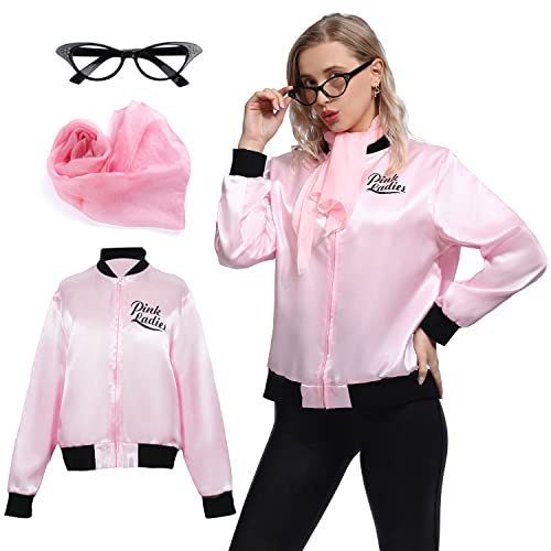 Wizland Women's Pink Ladies Costume 1950s Grease Outfit with Neck Scarfs and Eye Glasses XXL