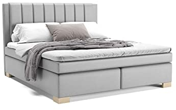 PANDA MÖBEL Maurice Boxspringbett 180 x 200 cm Doppelbett mit hochwertiger Pocket-Matratze und Topper, Polsterbett, Bett, Bettgestell, Stilvoll, Schlafzimmer, Modern (Grau, 180 x 200 cm)