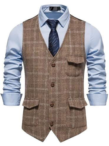 MakingDa Herren Karierte Weste, formell, ärmellos, V-Ausschnitt, kariert, Tweed, Business-Weste, Freizeitkleid, Anzugweste mit Tasche
