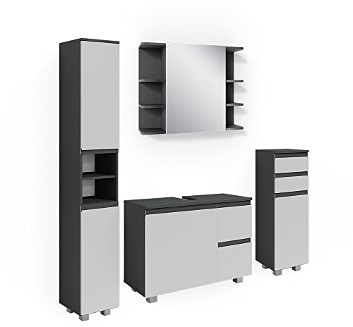 Vicco Badmöbel-Set J-Shape, Anthrazit, 80 cm | besteht aus Waschbeckenunterschrank, Spiegelschrank, Hochschrank und Midischrank