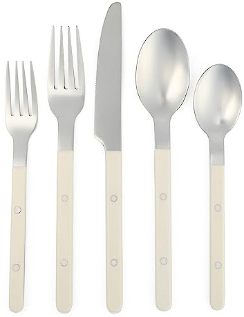 Sur La Table Kitchen Essentials 20 Piece Flatware Silverware Set - Stainless Steel Utensils - Forks, Spoons, Knives - Linen