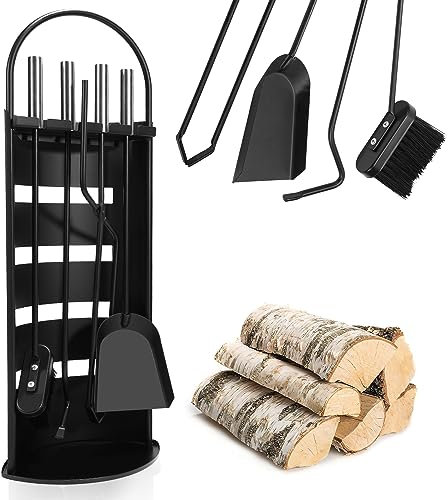 Daromigo Kaminbesteck Set 5 teilig Kaminzubehör mit praktischer Kaminaufbewahrung für Küche Haushalt Wohnen Wohnaccessoires Deko Kaminreinigungsset Kaminwerkzeuge Schwarz