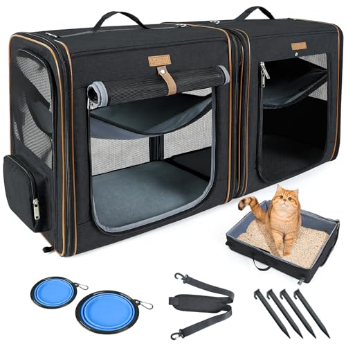 Lekeinchi 2-in-1 Hundebox Transportbox Katze für Mittelgroßes Haustier, Faltbare Katzentransportbox mit Starker Faserrahmen, Katzentoilette, 2 Schalen, 2 Haustiermatte, Medium, Schwarz