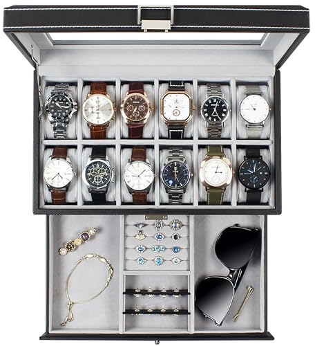 KILHS Watch Box, 12 Slot Watch Case with Glass Lid, Lockable Double Watch Storage Box with 1 Wrawer for Rings, Earrings, Gift Idea, Black Synthetic Leather, Grey Lining