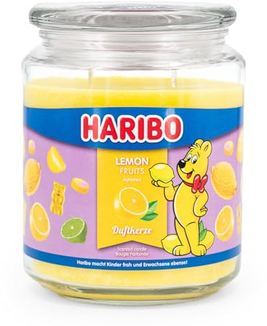 Haribo Candela profumata in barattolo con coperchio | Lemon Fruits | Candela profumata al limone | Candele a lunga durata (100 h) | Regalo per donne | Candela profumata grande (510 g)