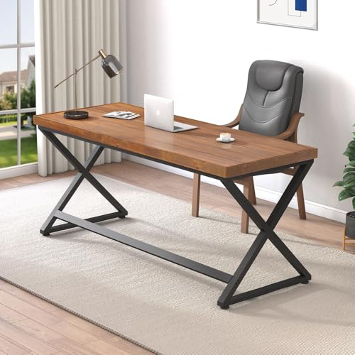 IBF Holzschreibtisch 140cm rustikal mit stabilen X-Füßen, Industriedesign | IBF Schreibtisch 140cm Braun, Industrietisch X-Holzfüße Homeoffice Gaming
