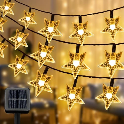 Qoosea Luces de Cadena Solar para Jardín con Estrellas de 14M 120 LED Luces Navideñas con 8 Modos Luces de Hadas Exteriores Alimentadas por Energía para Decor de Jardín Patio Cerca (Blanco Cálido)