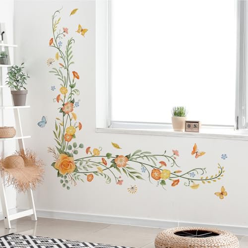 Tanlaby Rosas Flor Vid Pegatinas de Pared Plantas Flores Adhesivos Pared Flores Retro Hierba Vinilos Decorativos para Sala de Estar Dormitorio Oficina TV Sofá Baño Fondo