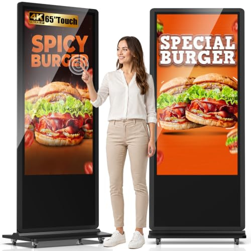 YIXZSWD 65 Inch Digital Signage Display, Floor Standing LCD Totem Advertising Display Kiosks with 4 Wheels, Interactive Auto AD Player, Android OS, USB/HDMI/WiFi, for Restaurants & Shop, Touchscreen