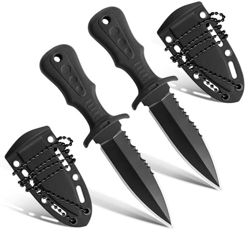 2Pcs Neck Knife Kette 121mm Outdoor Ketten Messer Edelstahl mit Gezackt mit Kunststoffscheide und Kugelkette für den Einsatz im Freien Selbstverteidigung