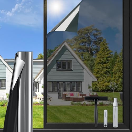 DOWELL One Way Window Privacy Film with 3 Tools Window Tint for Home Heat Control Anti UV Sun Blocking Reflective Mirror Covering See Out Not in for House and OfficeBlack Silver 17.5 X 78.7