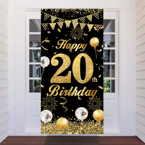 20. Geburtstag Banner Schwarz Gold, 20 Jahr Geburtstag Deko Tür Hintergrund für Männer Frauen, Großer Stoff 20 Geburtstag Party Dekoration Türbanner für Tisch Wand Dekoration, 180 x 90cm