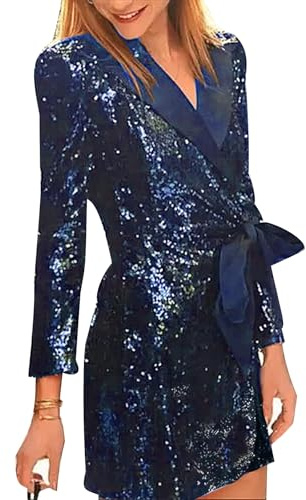 Las Mujeres de Manga Larga V Cuello Fiesta Lentejuelas Vestido Moda Sexy Cintura Multi Color Lentejuelas Traje Cuello Lazo Vestido De Noche Fiesta Glitter Vestidos (Azul Oscuro,X l)