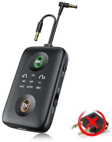 TQPXZO Bluetooth 5.4-adapter sändare med dubbla 3,5 mm-uttag, 2-i-1 Bluetooth-sändare och -mottagare, kompatibel med flygplan, TV, bil, stereoanläggning, splitter för 2 hörlurar
