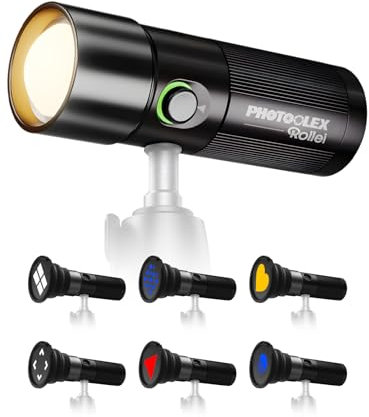 Rollei Photoolex GOBO Light, LED-ficklampa, fotografi med 4 färgade fyllningsljus och 19 GOBO-tillbehör videoljus med inbyggt batteri 8 400 mAh och diffusor, ficklampa, fotografi-video-ljus, RGB