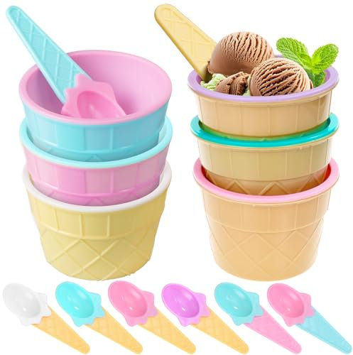 Bailtouk 6 Piezas Cuencos de Helado con Cucharas, Vasitos Aperitivos Plastico Ronda, Tazones de Helado Juego de Tazones de Postre para Comida, Fruta, Familia, Camping（6 Colores）