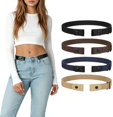 LEACOOLKEY 4 Stück ohne Schnalle Elastischer Stretch Gürtel für Damen Unsichtbarer Justierbarer Keine Schnalle Gürtel für Jeans Hosen
