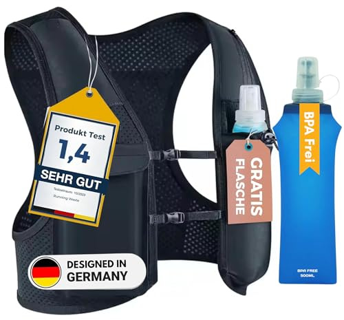 MKHR Athletics Laufweste für Damen und Herren, Rucksack zum Joggen, Wandern & Walken, Verstellbare Brustgurte, Trinkweste Laufen, 500ml Wasserflasche, Reflektierender Trinkrucksack Handyhalterung
