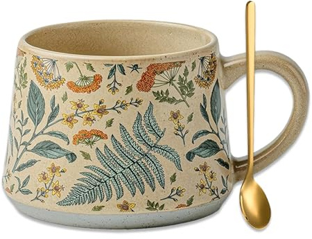 ZOMFLO Floral Coffee Cup, 12oz Ceramic Hand Painted Porcelain Mug with Premium Gold Spoon, Cup for Cappuccino, Macchiato, Latte, Cafe, Tea, Unique Gift Idea (Summer's Whispers)