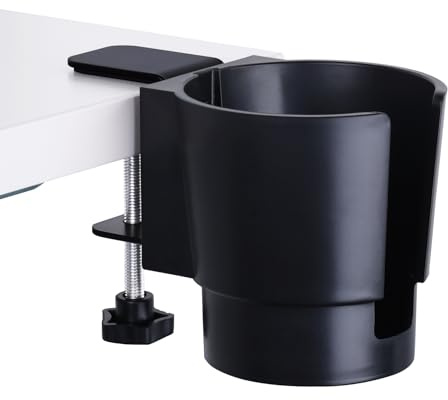 Universal Large Desk Cup Holder Clamp on, Heavy Duty Plastic Drink Holder for Table, Porch Swing, Patio Chair, Clip On Anti-Spill Bottle Holder for Most Cups, Bottles, Cans, Tumbles, Black, Pack of 1