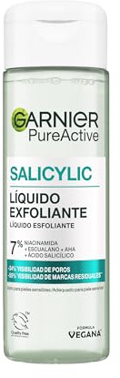 Garnier PureActive Salicylic líquido exfoliante con 7% de [Niacinamida + Escualano + AHA + Ácido Salicílico]. Reduce 55% marcas de acné y 34% de poros. Apto para pieles sensibles. 120 ml.