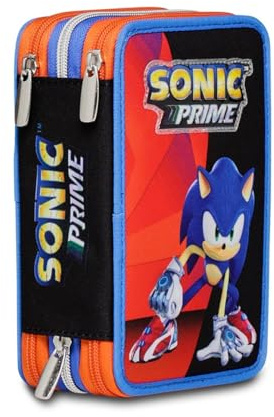 Seven Astuccio Scuola 3 Scomparti Sonic, Nero, Completo di Matite Pennarelli, Accessori Zaino, Bambino, Scuola Elementare