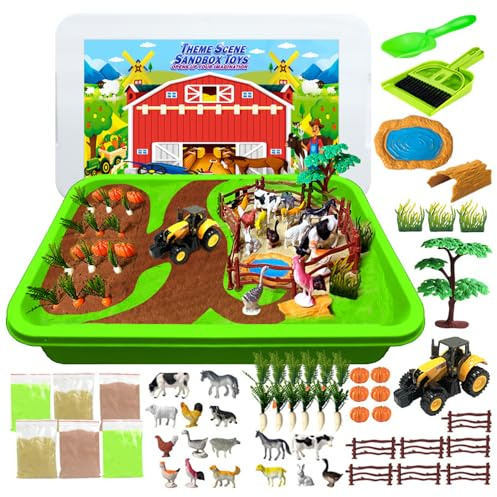 LYPPUL Magic Play Sand Set,Play Sand Farm Animal Toys,Farm Sensory Bin, Farm Toy and Tractor Truck Playset,Sensory Sandbox with Cover for Boy Girl