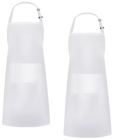 HMCEY 2 Pezzi Grembiule da Cucina Uomo e Donna,Cameriere Grembiule Chef Bianco,Lungo Barbecue Grembiules da Cuoco Barman,Barista Grembiules da Lavoro con Tasca per Ristorante Caffetteria e Catering