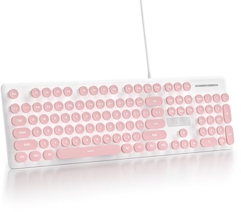 Vumilstek Wired Retro Typewriter Keyboard, American QWERTY Quiet Computer Keyboard with Full Size 104 Round Keys White LED Backlit Slim Silent for Windows PC Laptop(Pink)
