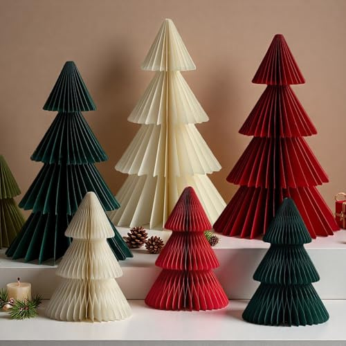 6 Stücks Papier Weihnachtsbaum Tannenbaum Waben Deko Tanne Weihnachten Faltbarer Papiertannenbäume Tischdeko Weihnachtsdeko Innen für Esstisch Schrank Fensterbank Kaminsims Büro (6pcs/Grün&Rot&Weiß)