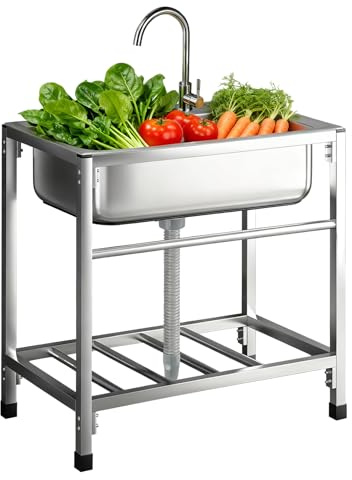 Lavabo Cucina 1 Vasca, Lavandino in Acciaio Inox Esterno con Rubinetto Lavandino Commerciale Lavelli Autoportante Lavello di Utilità Lavabo Lavamani Industriale Garage 58X43cm