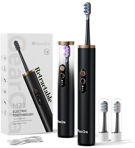 GearOra M23 Versenkbare Reisezahnbürste mit UV-Reinigung, Schallzahnbürste, Elektrische Zahnbürste für Erwachsene, 30 Tage Akku, Aluminiumgehäuse, 130g Ultraleicht, 3 Modi, USB-C, IPX7, Schwarz