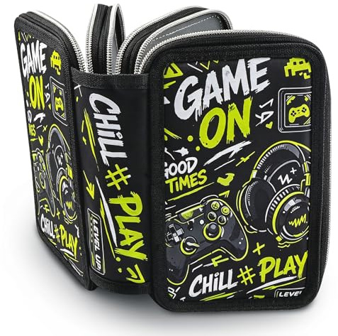 JTgugu Gaming Federmäppchen Jungen 3 Fächer, Schwarz | Große Kapazität Federtasche 3fach Leer, Cooles Game Stifteetui Federmappe mit Reißverschluss für Schule Junge Teenager Kinder