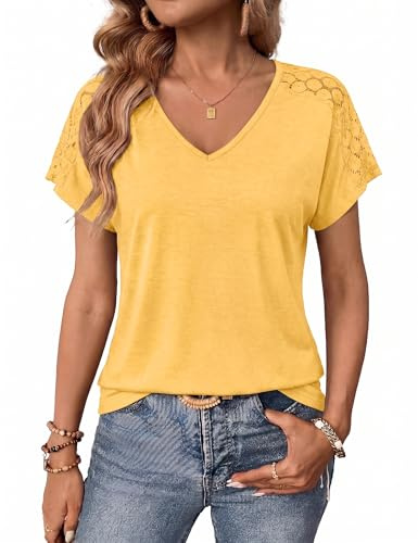 Aottori T Shirts Femmes Été Manches Courtes Élégant Col V Jaune pâle XL