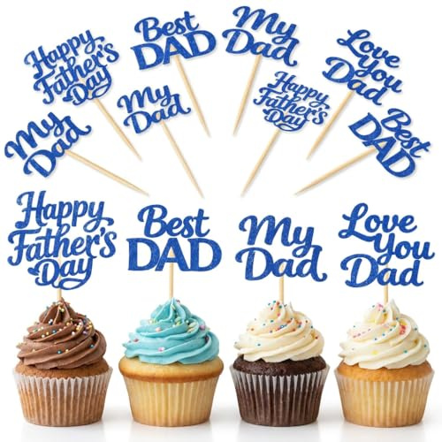 12 Pcs Fathers Day Cupcake Toppers, Blue Glitter Best Dad, No 1 Dad Cupcake Picks, Blue Gold Glitter Cake Topper for Father's Day Theme Cupcake Decoration Birthday Party Supplies