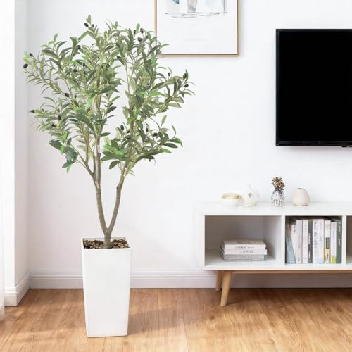 150 cm grande ulivo artificiale realistico, pianta artificiale per interni con olive, bianco vaso, ciottoli, multi ramo e fogliame, senza manutenzione, piante artificiali decorazioni per soggiorno