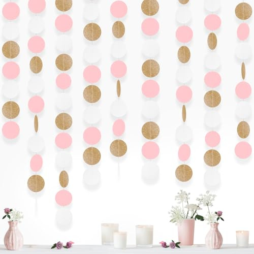 SUNBEAUTY 3 Meter Circle Garland Gold Rosa Weiß Hängende Garland Glitzer Runde Kreis Banner Party Deko Hochzeitsfeierdekorationen Geburtstagsdeko Baby Shower Kindergeburtstag Party