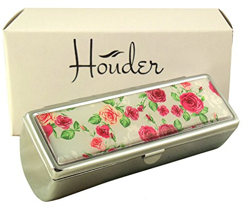 Houder Designer Lipstick Case with Mirror for Purse - Decorative Lipstick Holder with Gift Box - Velvet Lined - Protect Your Lipsticks in Style (Red Roses)