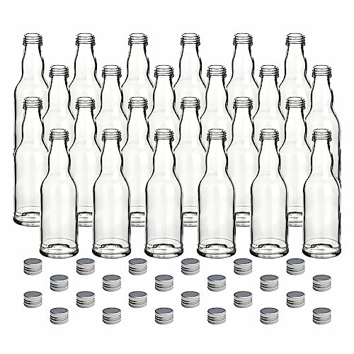 gouveo 24er Set Glasflaschen 200 ml (0,20 l) Glasflasche Kropfhals Schraubverschluss PP 28 silberfarben, leere runde Flaschen zum Abfüllen von Likör, Saft, Sirup, Öl & Essig (FKT200S)